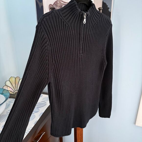 Women's St. John’s Bay 1/4-Zip Ribbed Sweater, Heavy Knit 100% Cotton Black sz L - Picture 3 of 7